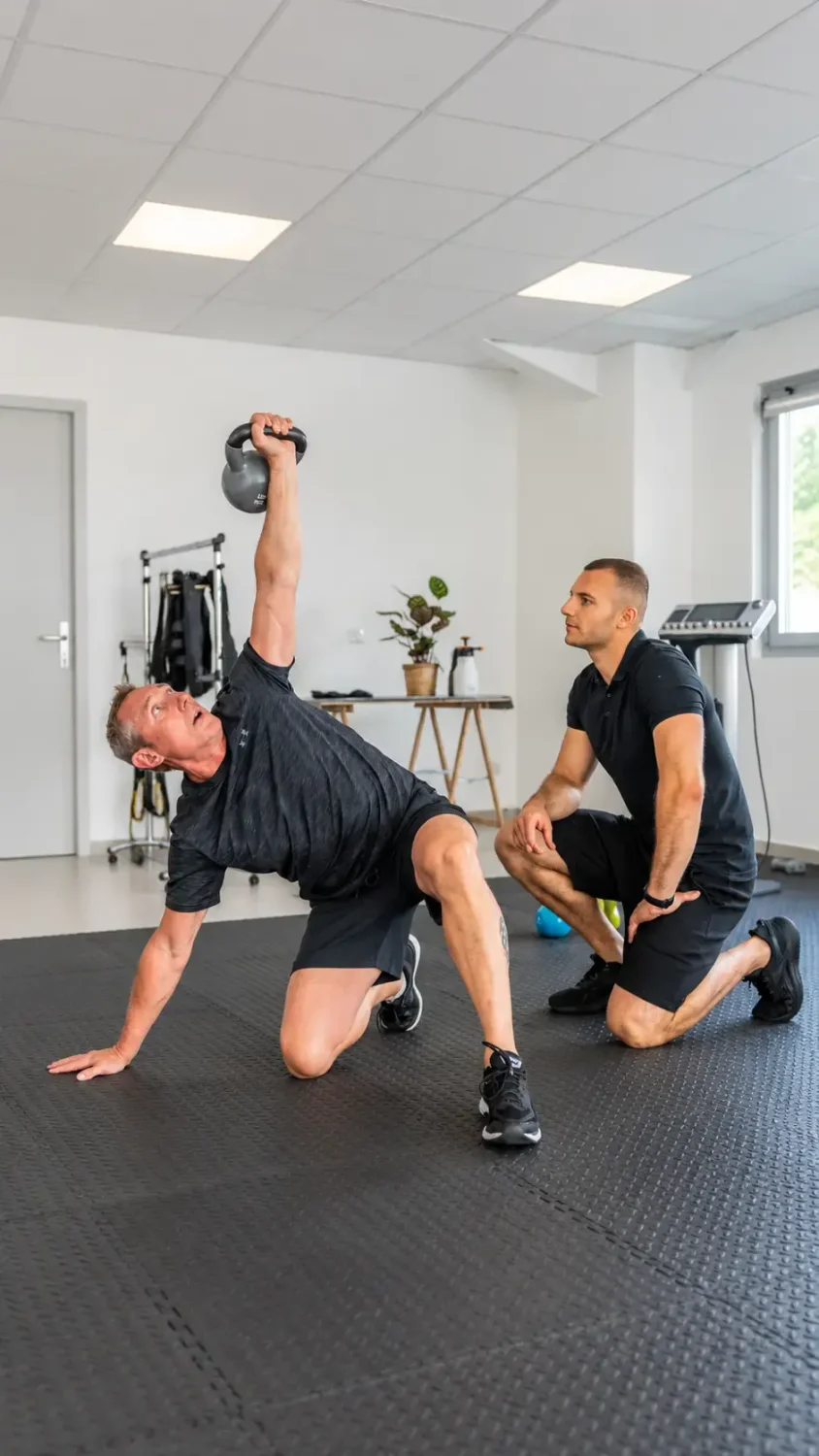 Client au relevé de kettlebell encouragé par son coach, vue portrait pour mobile